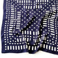 Navy blue and white geometric mulberry silk square scarf laid flat on a white background