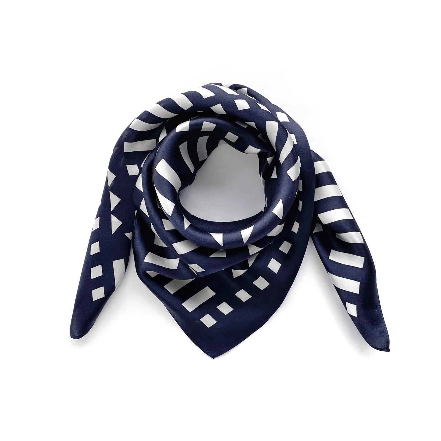 Navy blue geometric pattern silk scarf