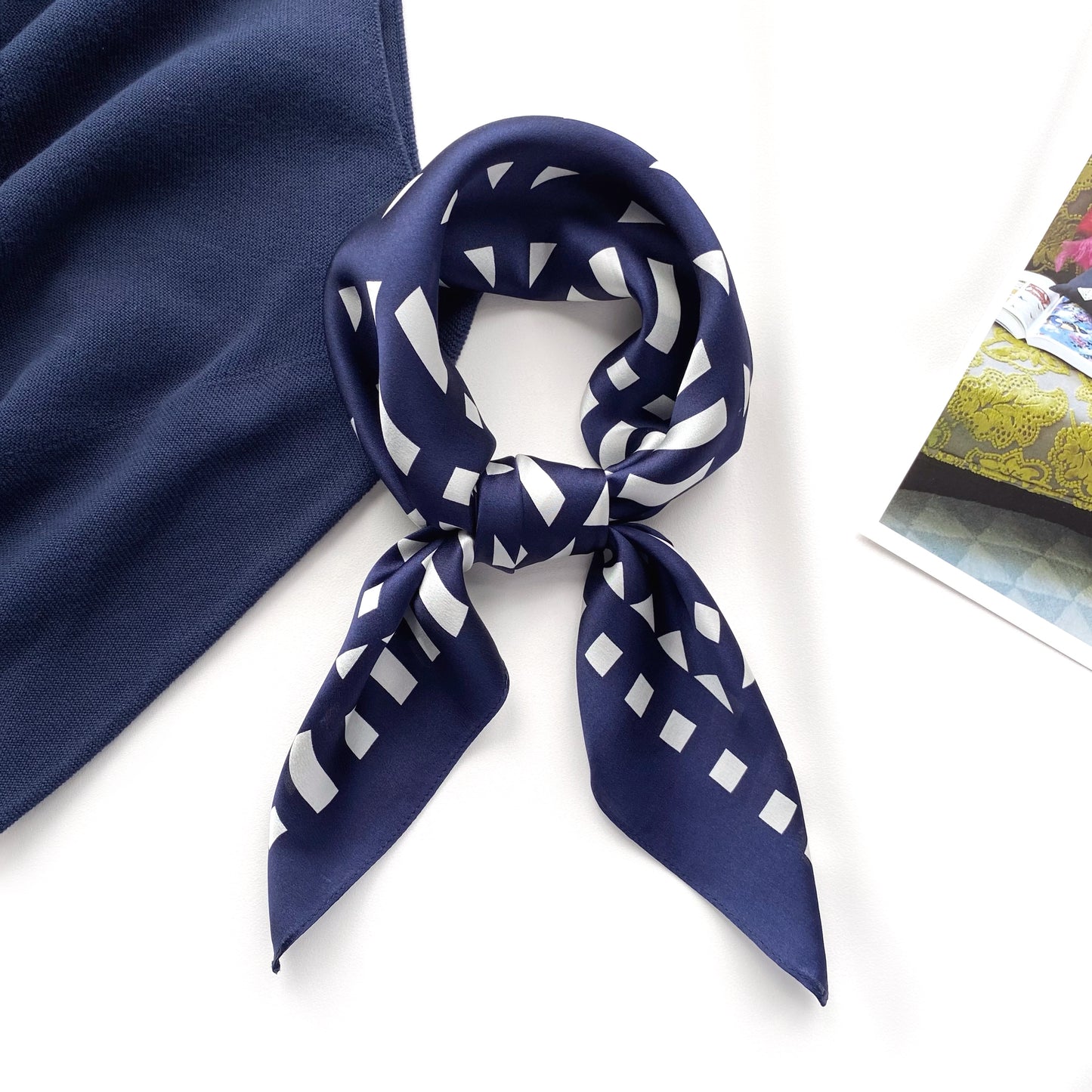 Navy blue geometric pattern silk scarf