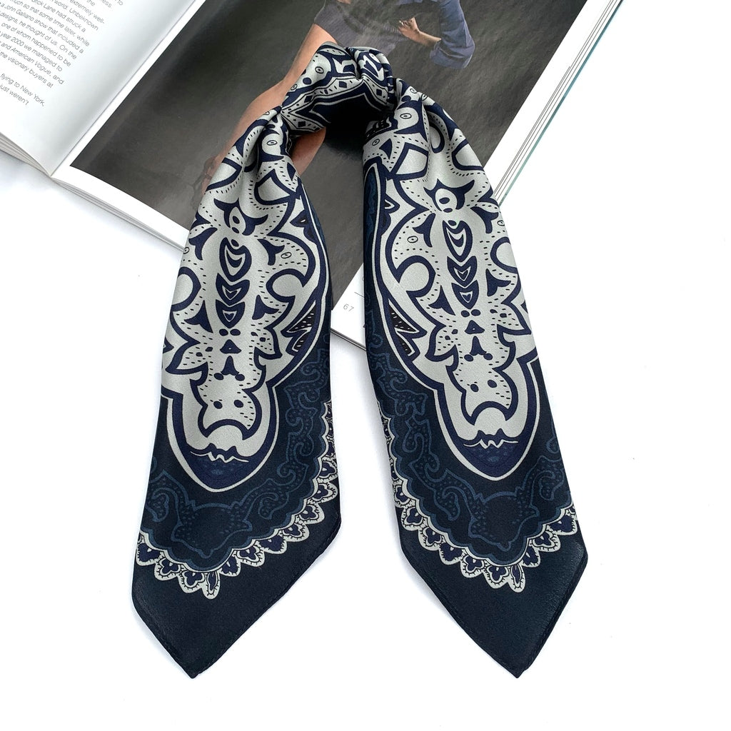 Navy kaleidoscope print silk scarf