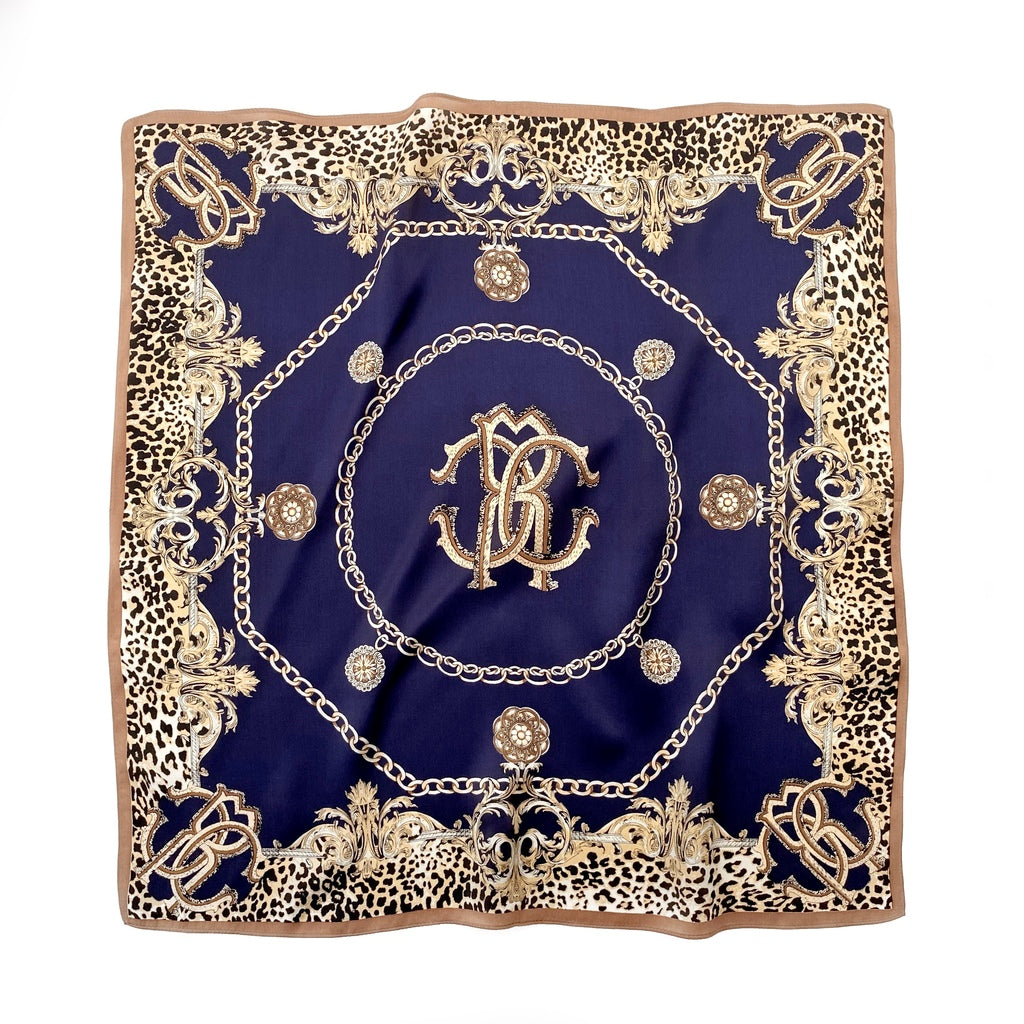 Monogram leopard print silk scarf - Navy