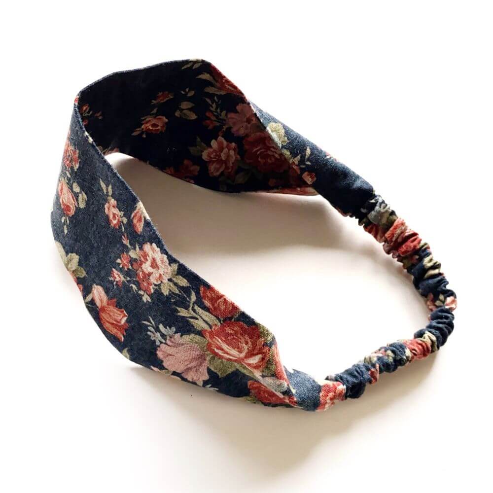 Navy rose floral patterned headband on a white background