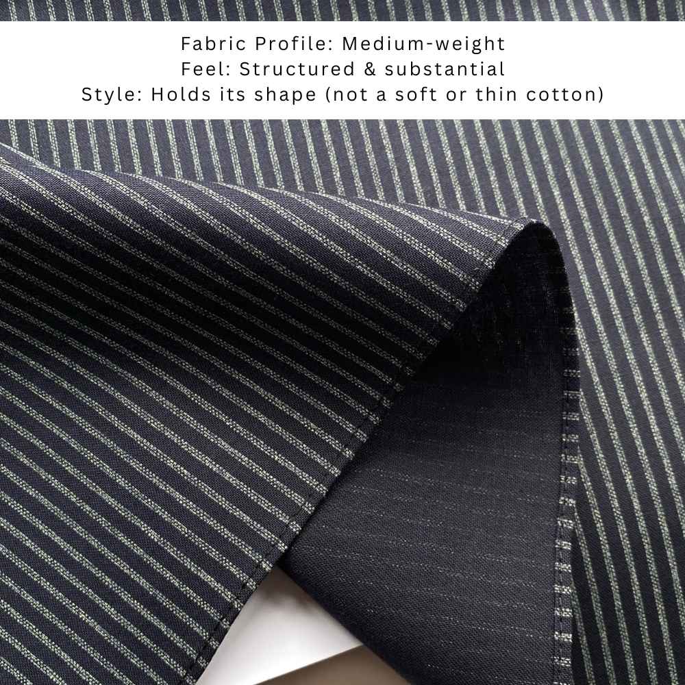close up of the navy and grayish white striped cotton bandana with text describing its profile, feel, and style.
