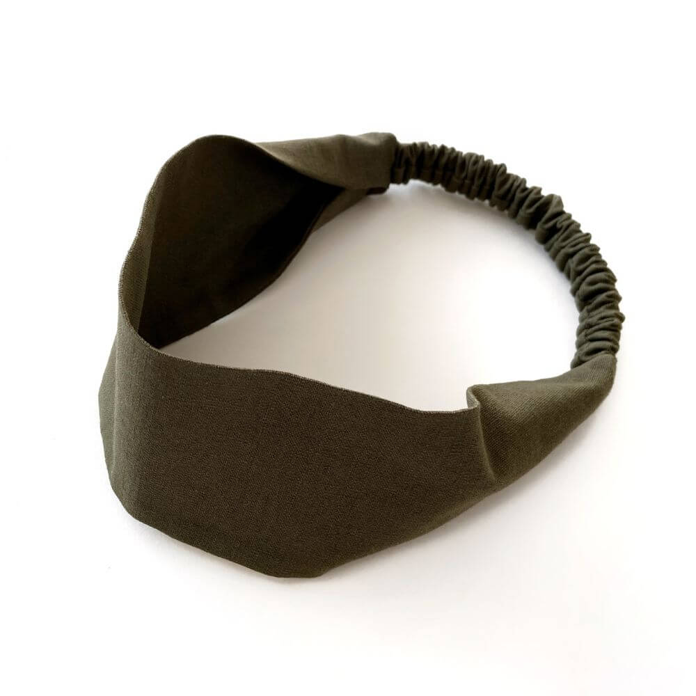 olive green linen headband on a white background