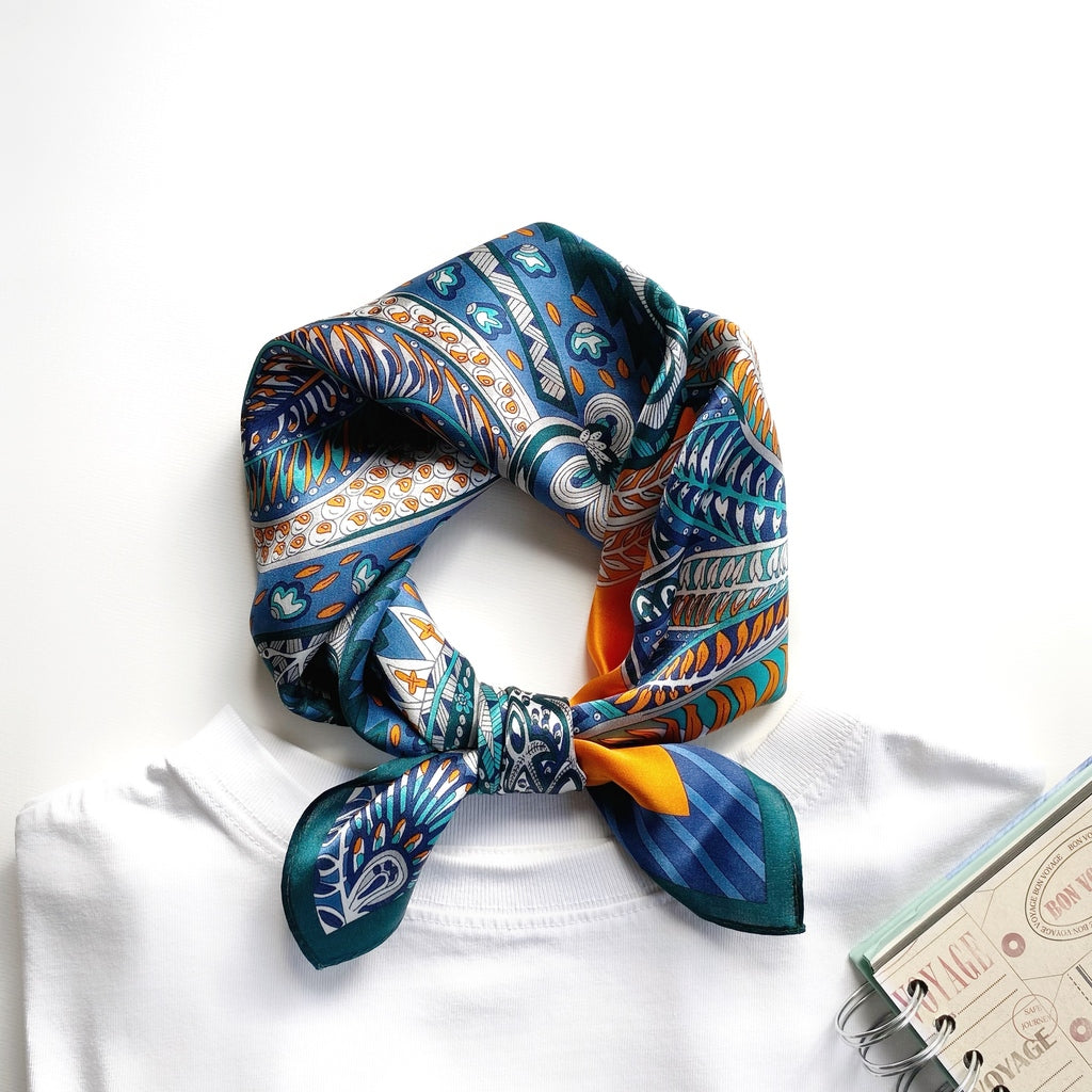 Orange blue silk scarf