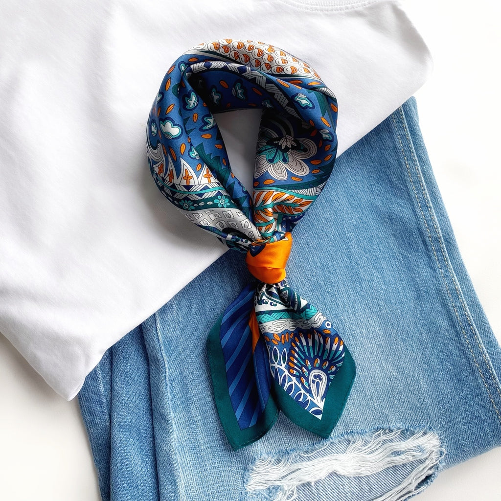 Orange blue silk scarf