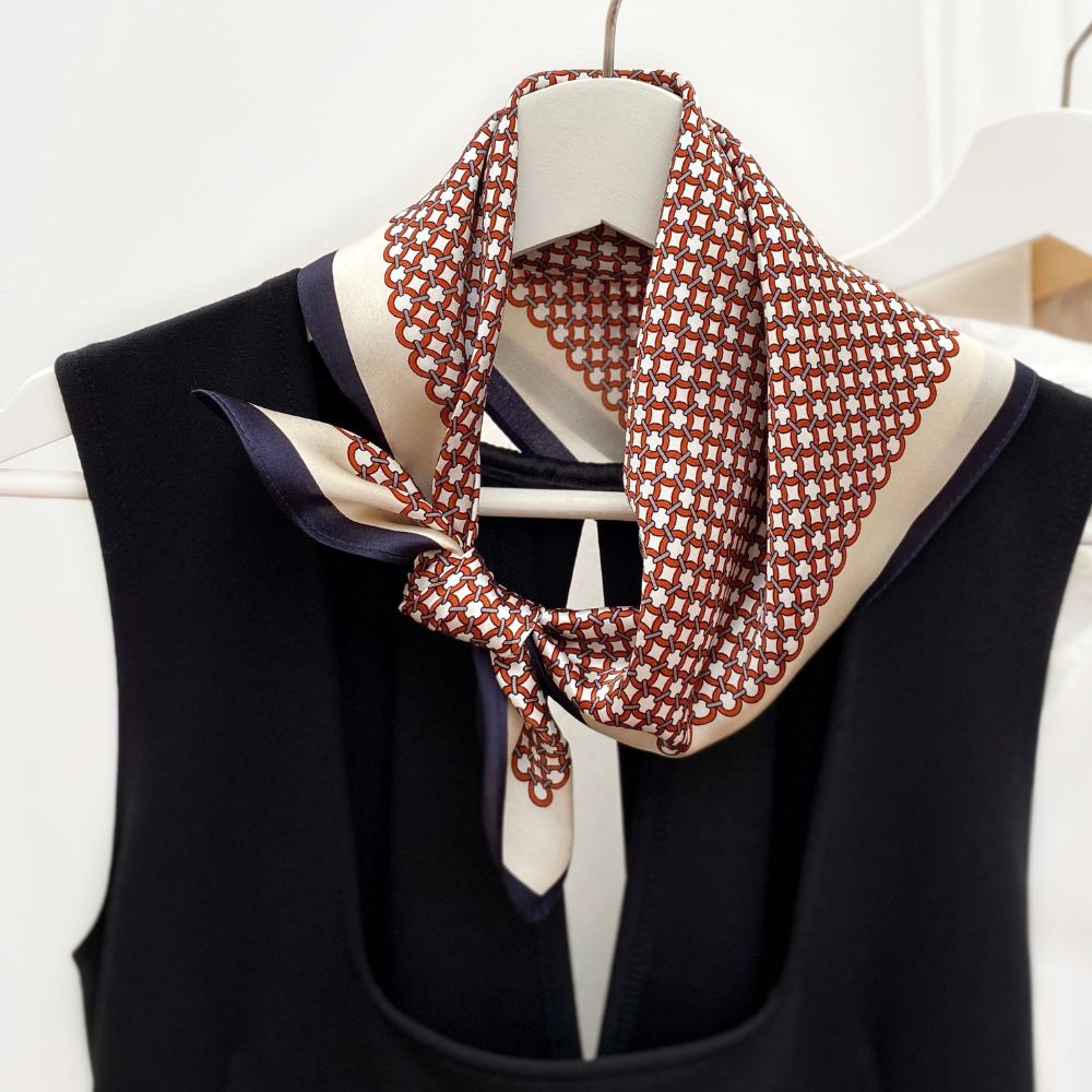 Geometric Print Mulberry Silk Bandana Square Scarf (53cm) - Orange Red