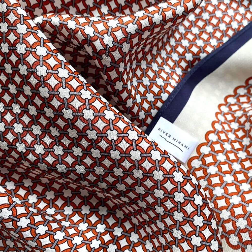 Geometric Print Mulberry Silk Bandana Square Scarf (53cm) - Orange Red