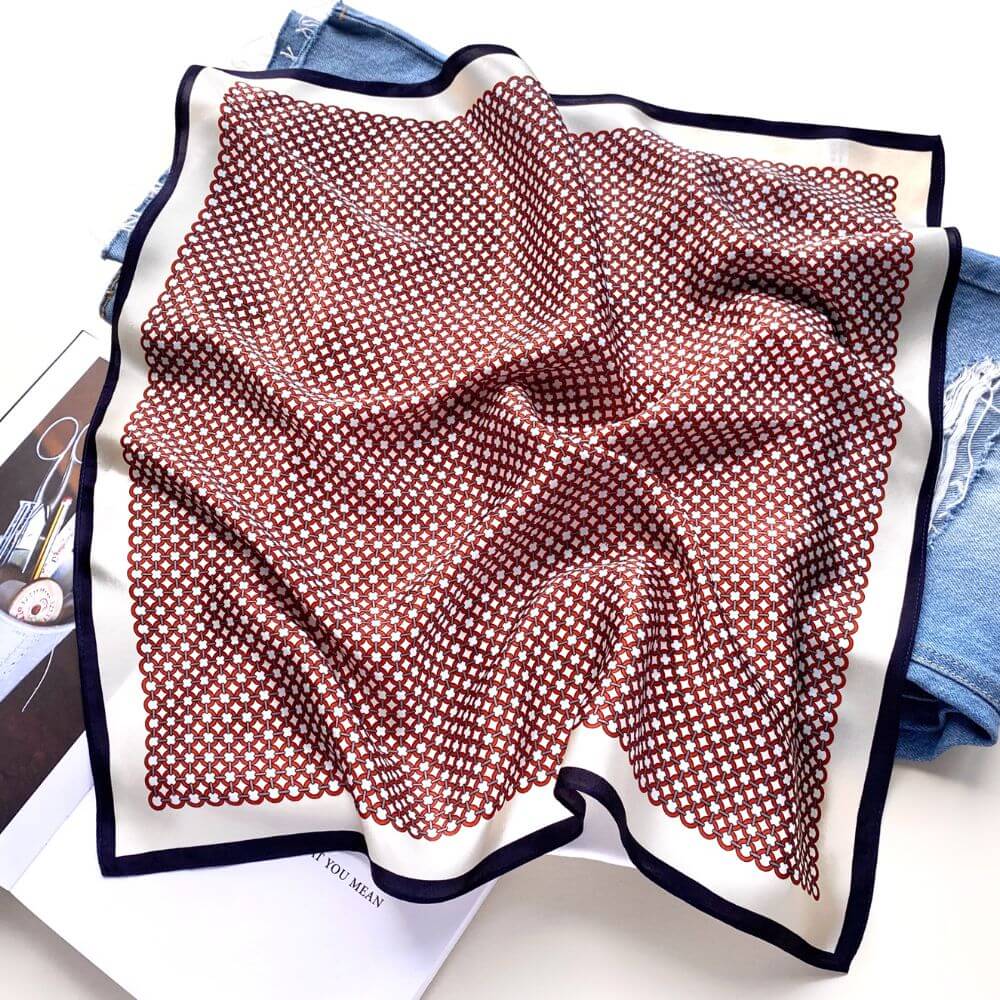 Geometric Print Mulberry Silk Bandana Square Scarf (53cm) - Orange Red