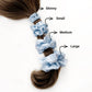 pastel blue pure mulberry silk scrunchies and hair ties of different sizes on a ponytail with labeled sizes.