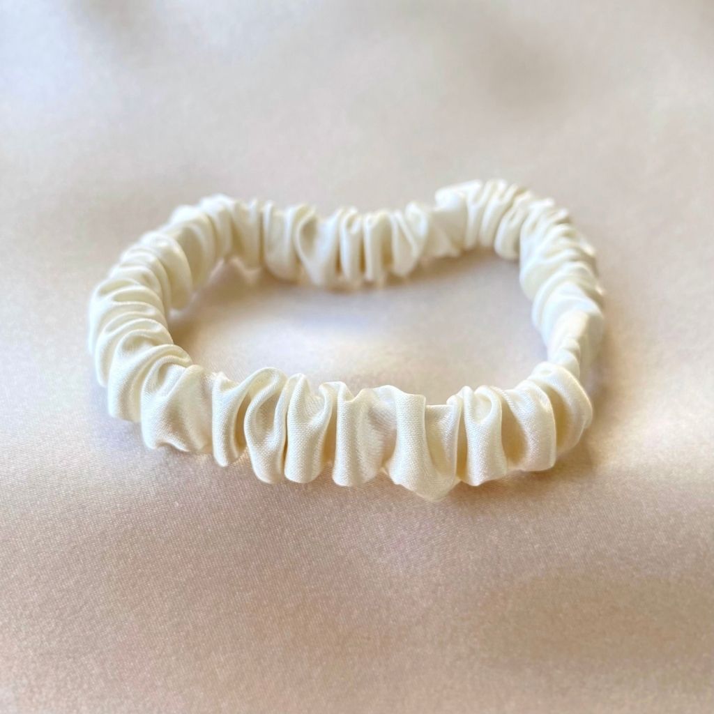 pearl white mulberry silk satin skinny scrunchie  hair tie