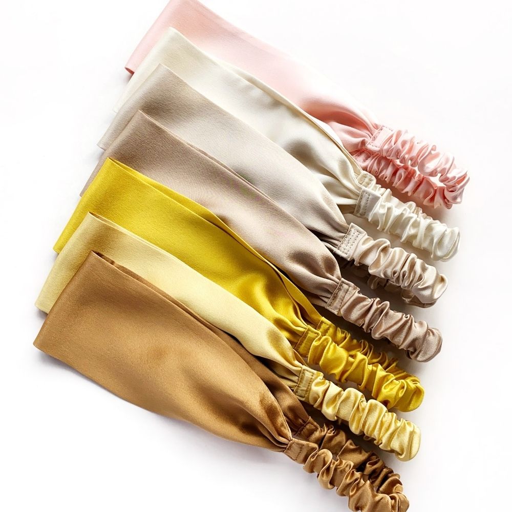 Handmade mulberry silk headbands in white, pink, beige and yellow gold by River Minami.