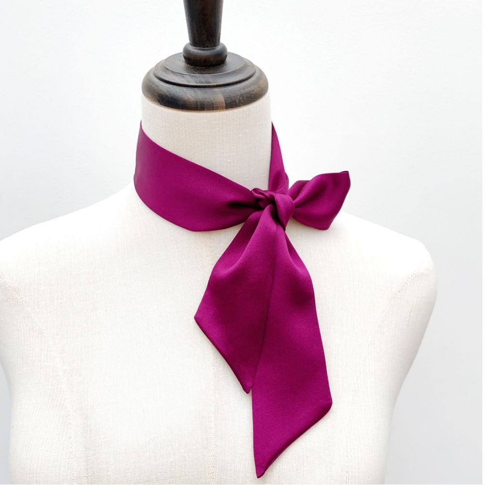 purple red mulberry silk satin skinny scarf tied around mannequin's neck