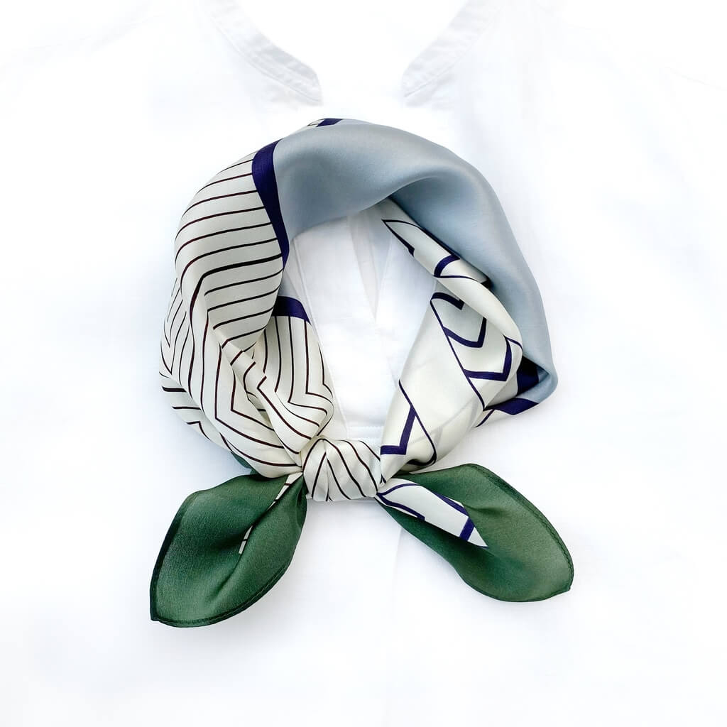 blue, white geometric lines mulberry silk neck scarf with green boarder