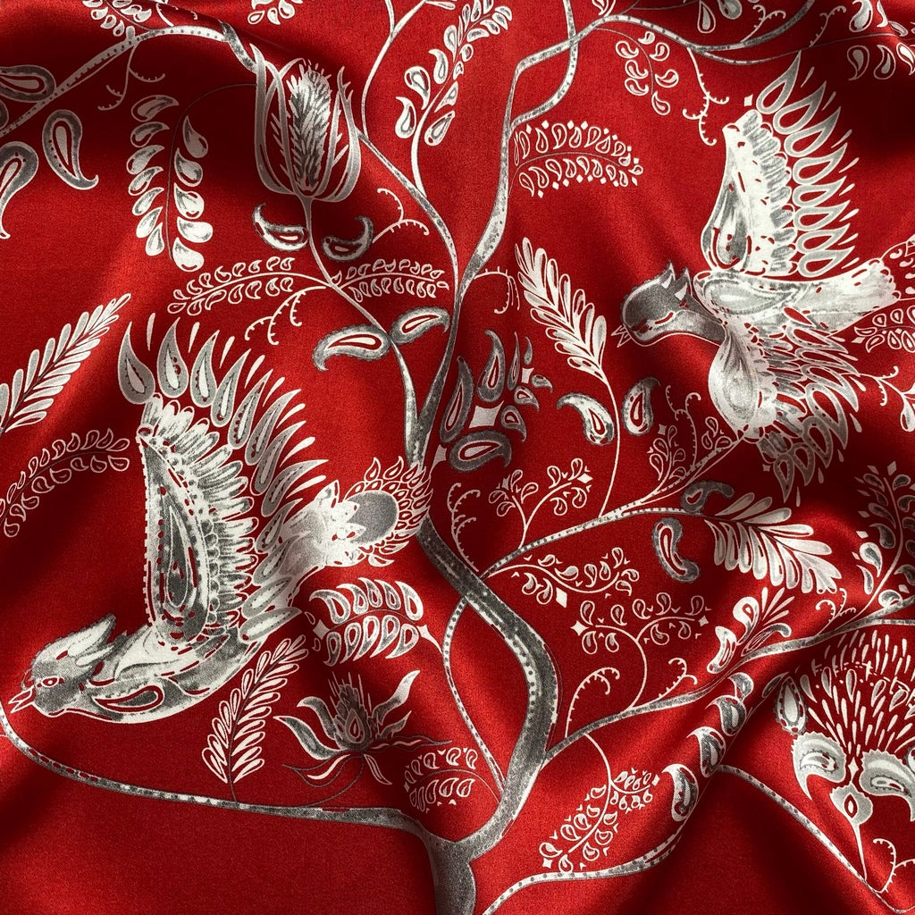 Bird & paisley print silk scarf - Red