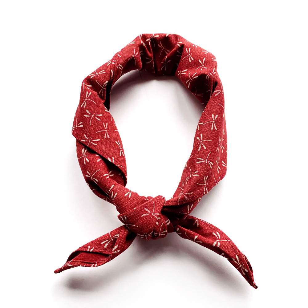 Red dragonfly patterned japanese cotton bandana on a white background