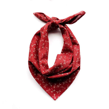 Red japanese cotton bandana square scarf with beige dragonfly patterns on a white background