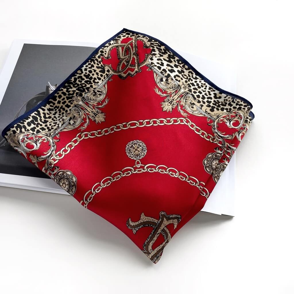 Red Silk Scarf - Chain Leopard Print 53x53