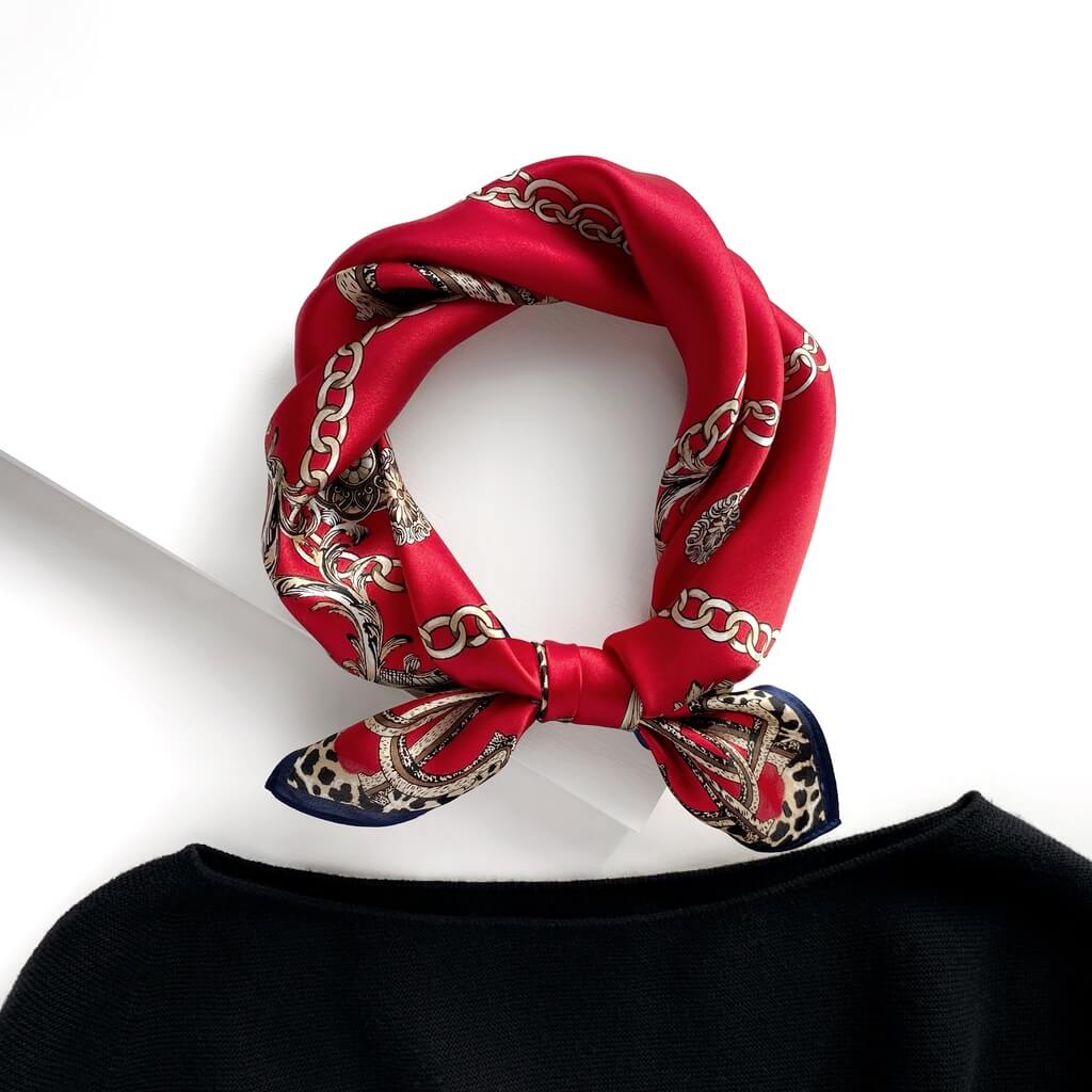 Red Silk Scarf - Chain Leopard Print 53x53