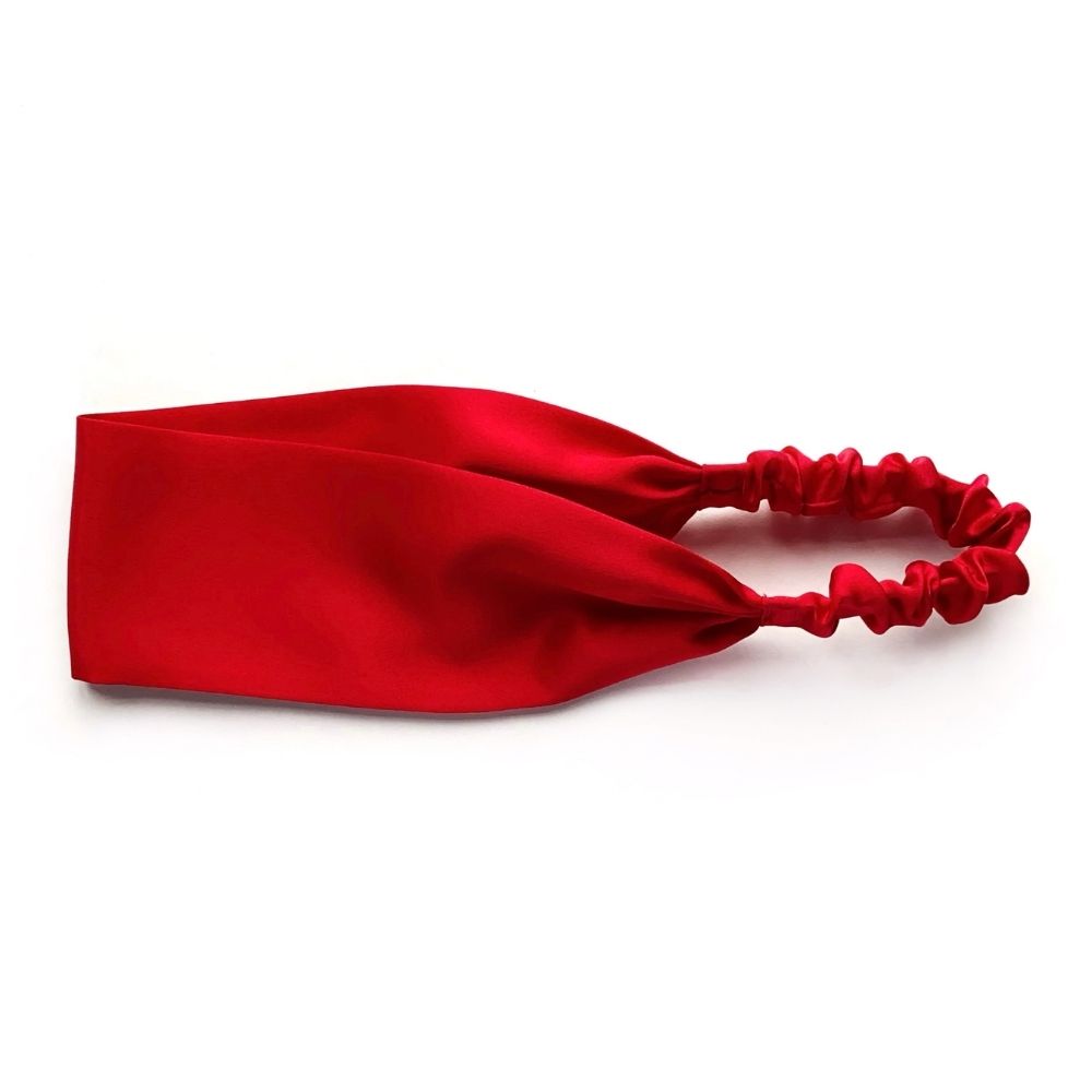 Handmade red mulberry silk headband by River Minami.