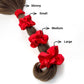 set of red mulberry silk satin scrunchies  and hair ties tied on the ponytail with size chat on a white background