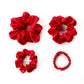 set of red mulberry silk satin scrunchies  and hair ties on the white background