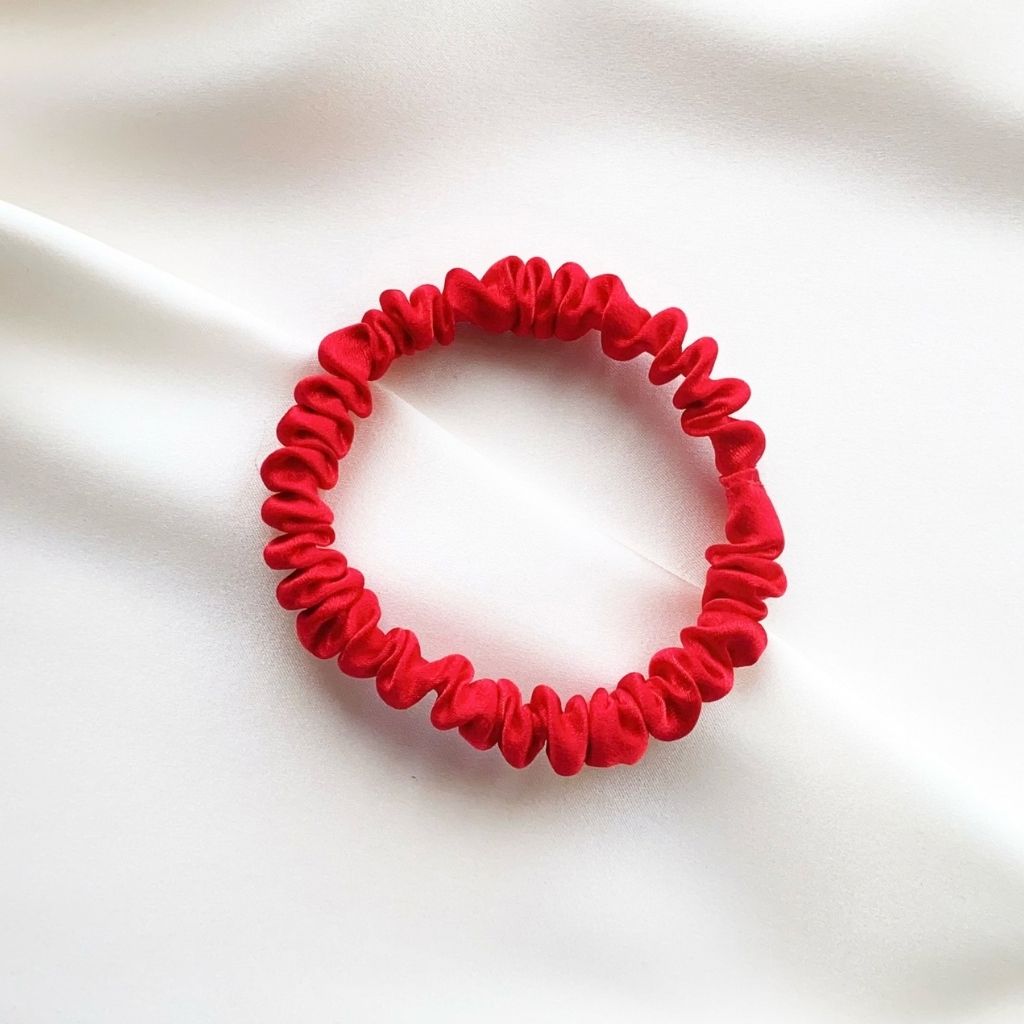 red mulberry silk satin skinny scrunchie  hair tie