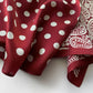 Close-up detail of a rich red mulberry silk scarf with white polka dots and paisley print.