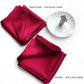 Berry red Mulberry silk satin squares showing machine-finished hem and hand-rolled hem