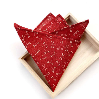 Red dragonfly Japanese cotton pocket square in a wooden box on a white background
