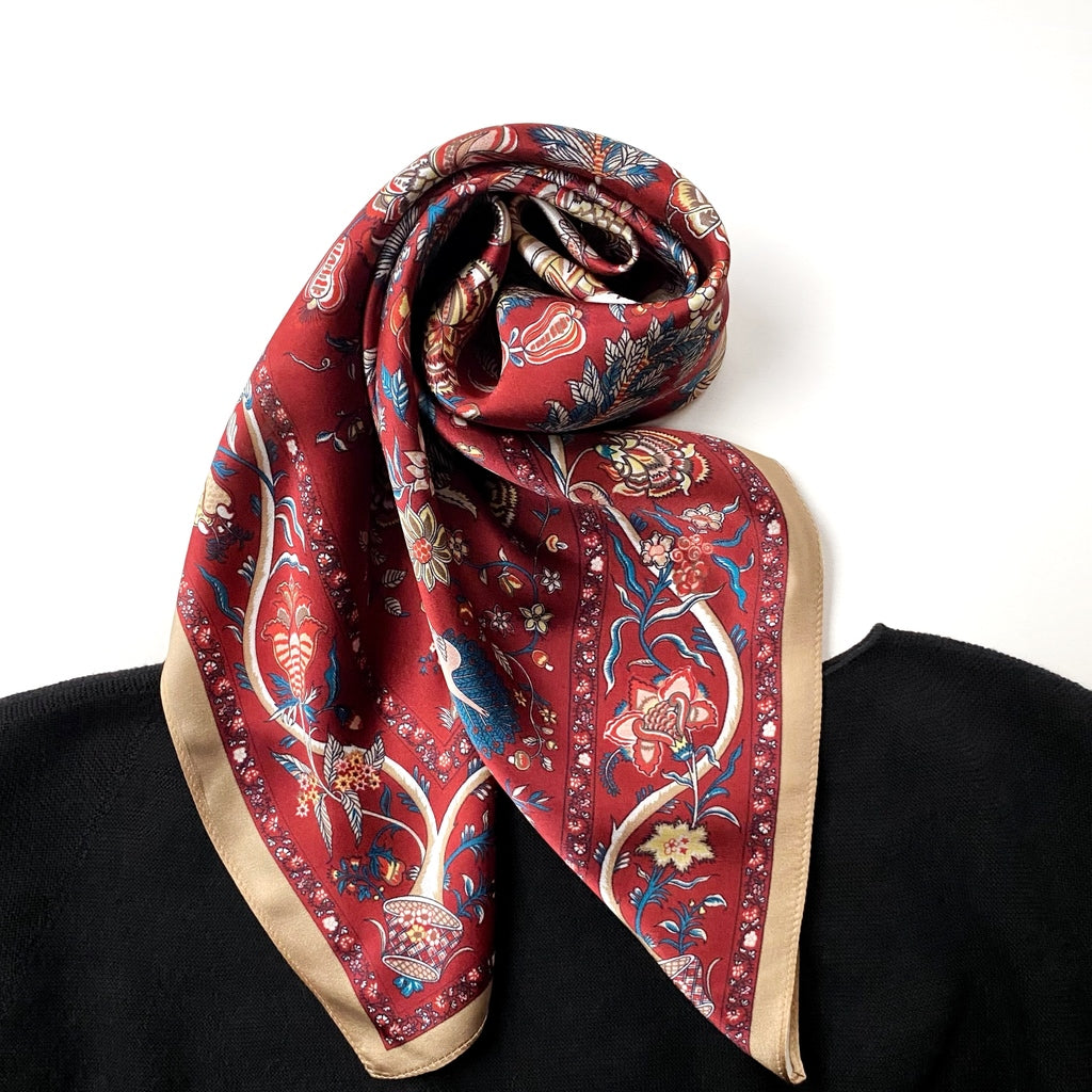 Floral print silk scarf - Rich Red