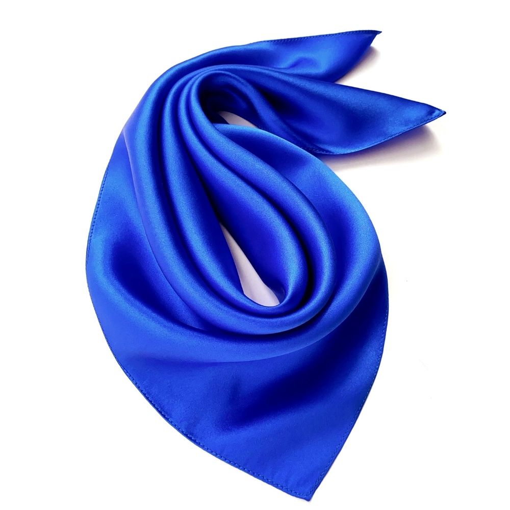 Royal blue Mulberry silk satin square scarf arranged in a smooth loop on a white background