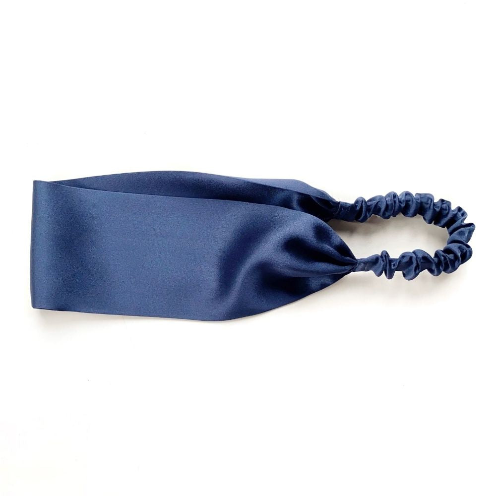 Handmade sapphire blue mulberry silk headband by River Minami.