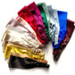 A set of mulberry silk satin elastic headbans in multiple colors, including white, black, gold, beige, pink, red, green, blue, silver, black, and brown, arranged in a fan shape on a white background.