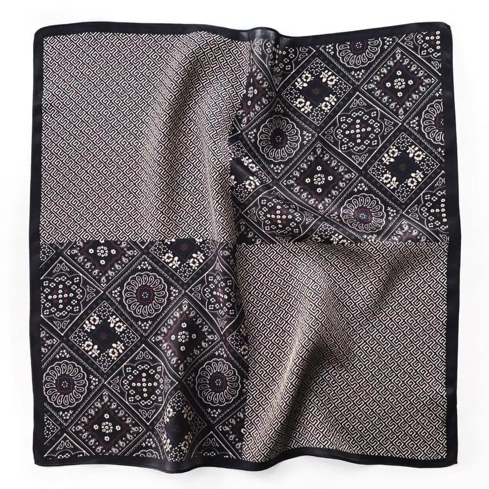 53cm black geometric floral silk square scarf laid flat with patchwork design