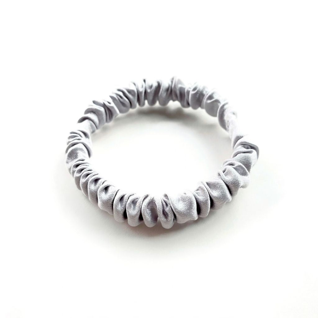 light silver grey mulberry silk satin skinny scrunchie  hair tie