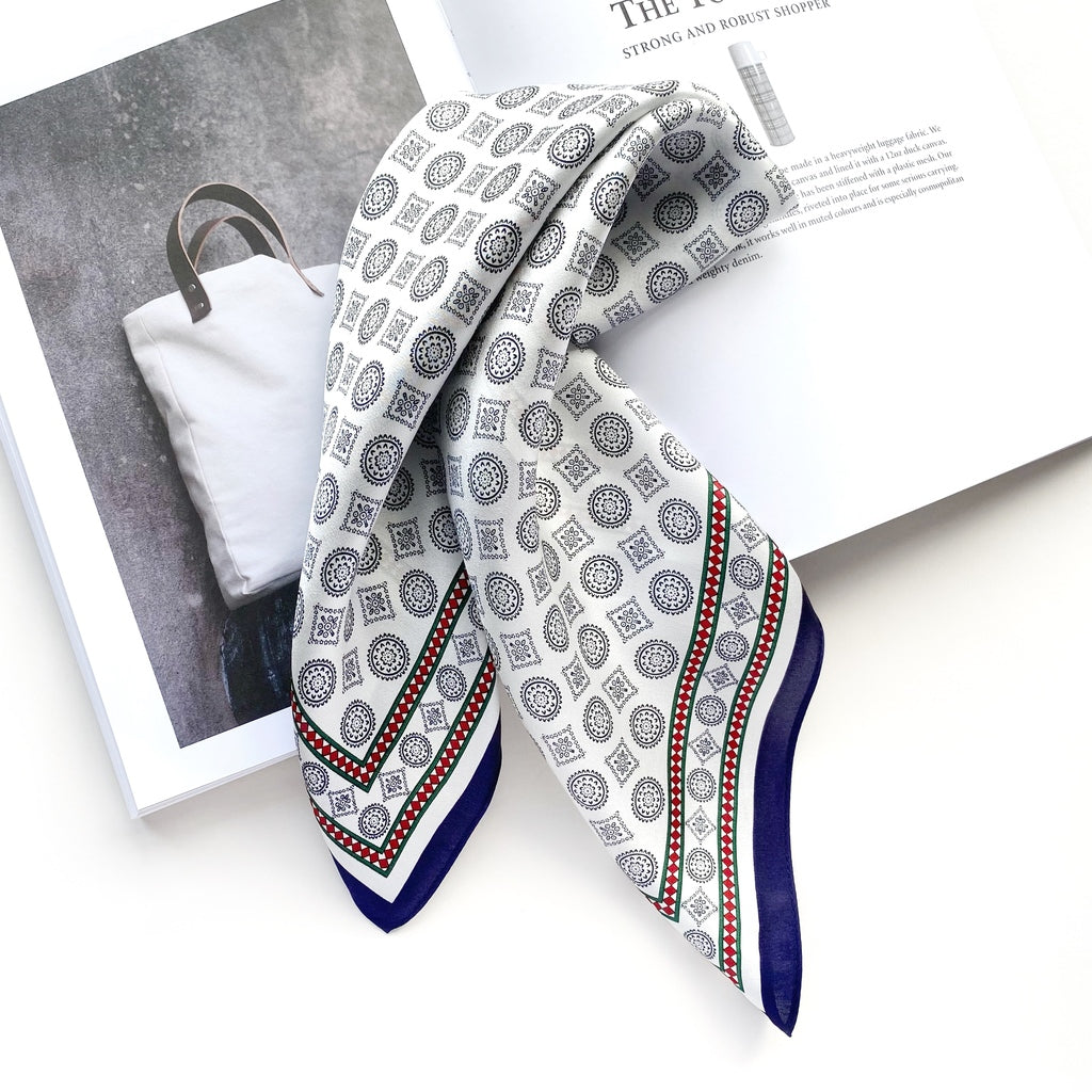 Silver white geometric print silk scarf