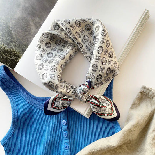 Mulberry Silk Satin Bandana - Silver White Geometric
