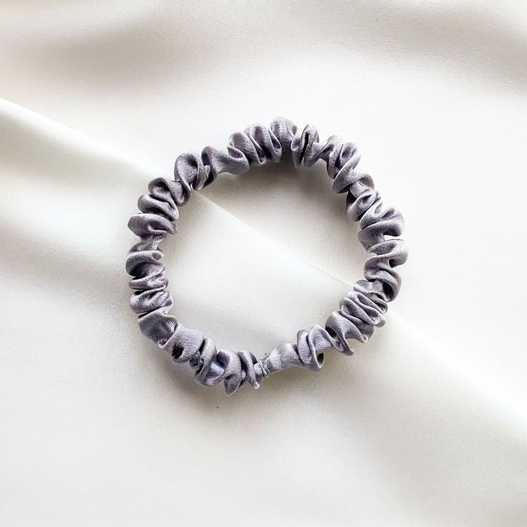 steel grey mulberry silk satin skinny scrunchie  hair tie