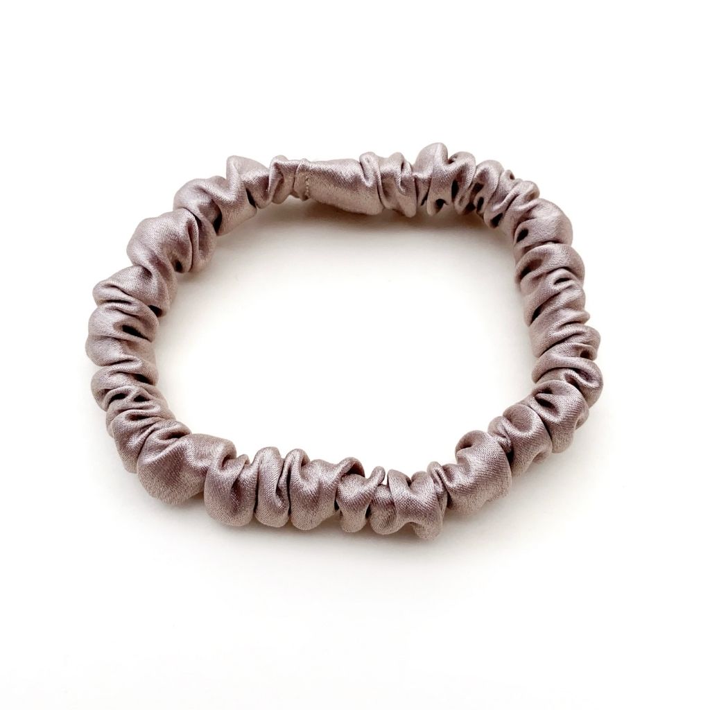 taupe mulberry silk satin skinny scrunchie  hair tie