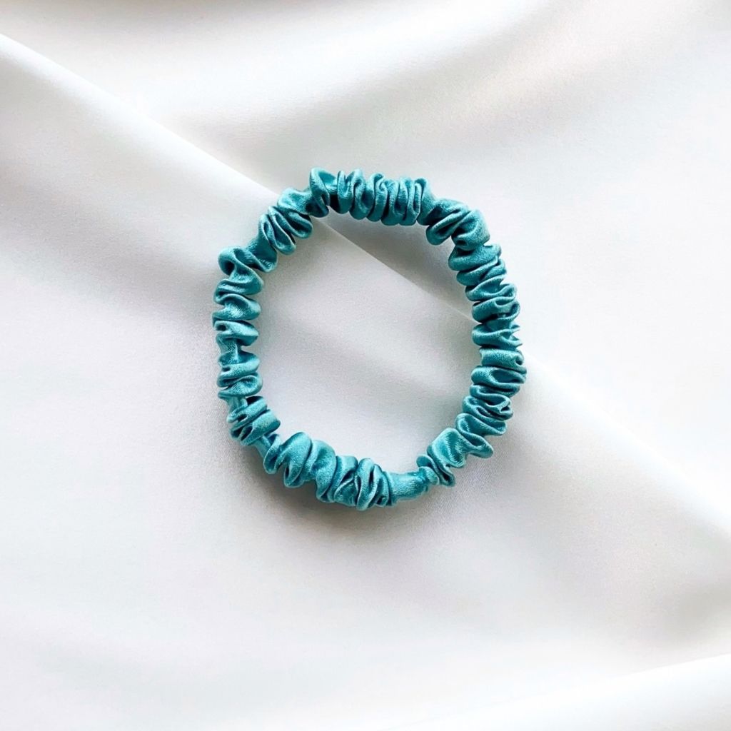 teal blue mulberry silk satin skinny scrunchie  hair tie