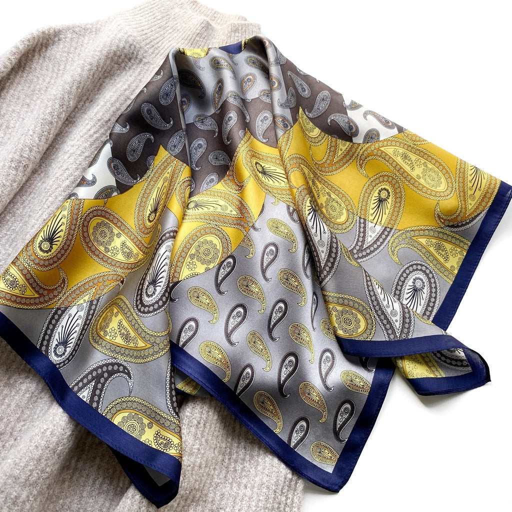 Paisley print silk scarf - Yellow Grey