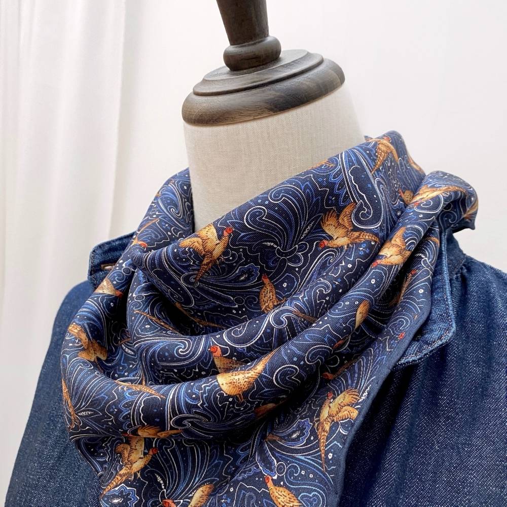 Pheasant Print Silk Twill Bandana Scarf