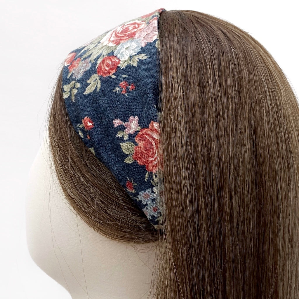 Shabby chic rose floral headband - Navy