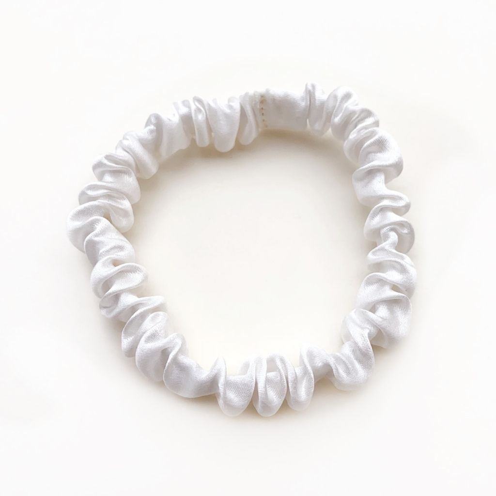 white mulberry silk satin skinny scrunchie  hair tie
