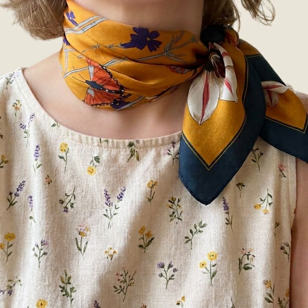 A close-up of a person wearing a mustard yellow mulberry silk scarf with a butterfly print and teal blue frame, tied around the neck over a cream floral top.